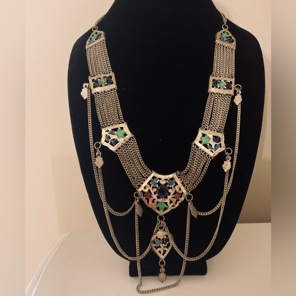 #196 Vintage Moroccan Berber Enamel Multi-Strand Statement Necklace Boho Ethnic